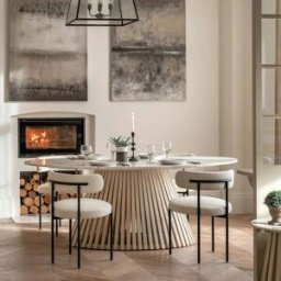 Tova Whitewash Slatted Wood Oval Dining Table with Marble Top