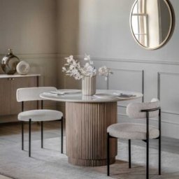 Zoe Neutral Ribbed Wooden Round Dining Table with Marble Top