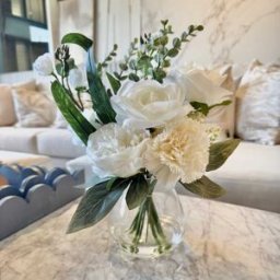 Faux Cream Rose Floral Arrangement in Glass Vase
