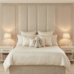 Harrington Almond Woven Channelled Headboard with Soft Pink Frame & Pink Stripe Accent Wings, Super King