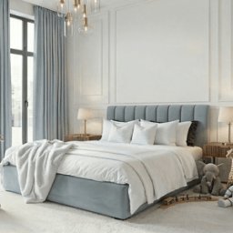 Jessabelle Luxury Baby Blue Velvet Panelled Bed, Double / Ottoman Storage