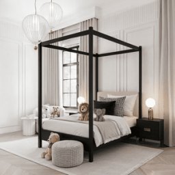 Eden Black 4 Poster Wooden Bed with Cream Velvet Headboard- Single