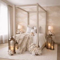 Eden Cream 4 Poster Wooden Bed with Cream Velvet Headboard- Single