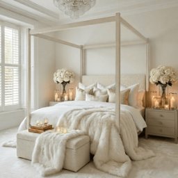 Eden Cream 4 Poster Wooden Bed with Cream Velvet Headboard, Super King