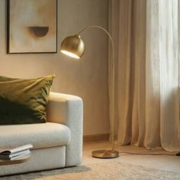 Lindby arc floor lamp Moisia, brass-coloured, metal, 148 cm Moisia, Brass / gold, Living / Dining Room, metal, Modern, Floor Lamp