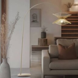Arc Lamp Floor Valdorin Lindby, Cream / amber, Living / Dining Room, Paper / lunolit / lunopal, Country House / Rustic, Floor Lamp