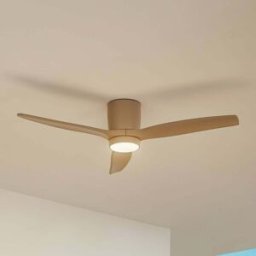 Lucande LED ceiling fan Sorin, beige, DC, quiet, IP44 Sorin, Cream / amber, Living / Dining Room, metal, Modern, Ceiling Fans with Lighting
