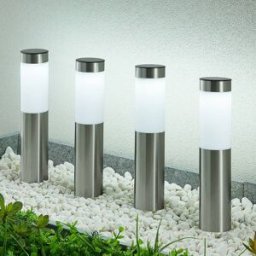 Lindby LED solar pedestal lamp, set of 4, with 31 cm ground spike, IP44 Sirita, Alu / grey / zinc, Stainless steel, Modern, outdoor solar lights
