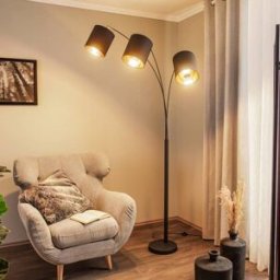Lindby Nanika floor lamp, black/gold, 202 cm, E27, 3-bulb., Black, Living / Dining Room, metal, Modern, Floor Lamp
