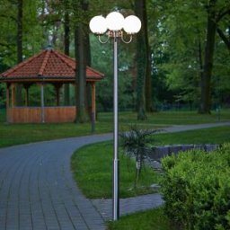 Lindby Samuel outdoor light, 218 cm, 3-bulb, globe, E27, IP44 Lindby, dimmable, Alu / grey / zinc, Stainless steel, Modern, Post Light