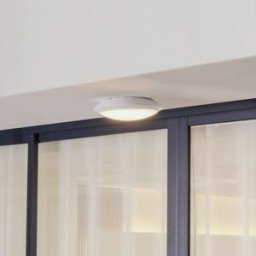 Lindby Naira LED outdoor ceiling lamp, white, sensor, 30 cm, IP65, White / opal, Plastic, Modern, Ceiling Light with Sensor