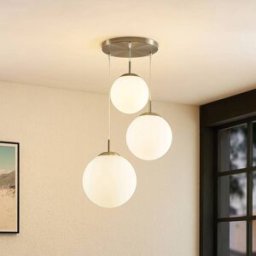 Glass Pendant Light Heleska Lindby, dimmable, White / opal, Living / Dining Room, metal, Modern, Ceiling Light