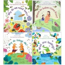 Usborne Lift-The-Flap First Questions and Answers 4 Books Set (Where Do Babies Come From?, What are Feelings?, Why do we need Bees?, Why do things Die
