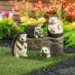 Evergreen Hedgehog Family Statues Set of 4 Polystone Hand-Carved Garden Ornament