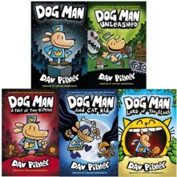 Scholastic Dog Man Series 1-5 Books Collection Set By Dav Pilkey (Dog Man, Unleashed, A Tale of Two Kitties, Dog Man and Cat Kid, Lord of the Fleas)