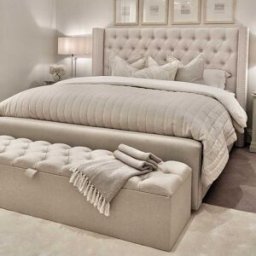 Harper Classic Luxury Grey Tweed Buttoned Silver Stud Wing Chunky Bed, Emperor