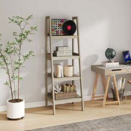 Mid-Century Style 4 Tier Taupe Painted Wooden Ladder Shelf - 178cm Material: Home Decor & Accessories/Shelves & Storage
