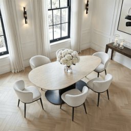 Bordeaux Black Oval Dining Table with Travertine Top