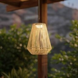 Lindby Austas LED solar hanging lamp, beige, Ã˜ 32 cm, USB, IP54 Lindby, dimmable, Cream / amber, Plastic, Modern, outdoor solar lights