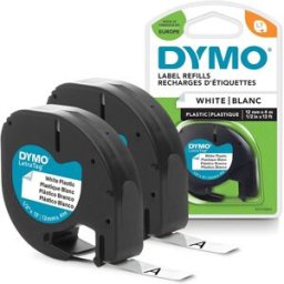 Dymo LetraTag Genuine Plastic Label Tapes 12mm x 4m Black Print on White Durable Self-Adhesive Multi-Surface Rolls Pack of 2