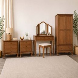 Dark Wood Wardrobe, Dressing Table Desk with Triple Mirror, Stool and Pair of Wide Bedside Tables - Ashwell Range Material: Furniture/Furniture Ranges/Ashwell Range