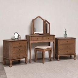 Dark Wood Dressing Table Desk with Triple Mirror, Stool and Pair of Wide Bedside Tables - Ashwell Range Material: Furniture/Furniture Ranges/Ashwell Range