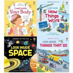 Usborne Lift-The-Flap Look Inside Series 4 Books Set (Your Body, Space, Things That Go, How Things Work)