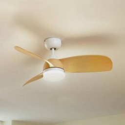 Lindby Enon LED ceiling fan, white/wood-effect, DC, quiet Lindby, dimmable, White / opal, Living / Dining Room, metal, Modern, Ceiling Fans with Lighting