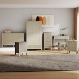 Double Wardrobe, 6 Drawer Chest of Drawers, Tall 5 Drawer Bedside Table, Pair of 3 Drawer Bedside Tables and Dressing Table Set - Hales Taupe Range Material: Furniture/Furniture Ranges/Hales Range/Hales Taupe Range