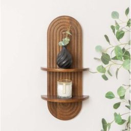 Dark Wood 2 Tier Arched Fluted Wall Shelf - 30cm x 60cm Material: New Products