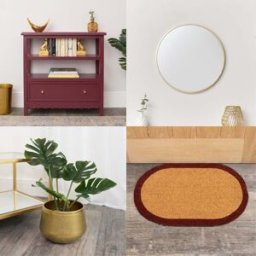 Scalloped Hallway Clearance Bundle - Wine Red Sideboard, Gold Wall Mirror, Round Gold Planter & Oval Coir Door Mat Material: Garden