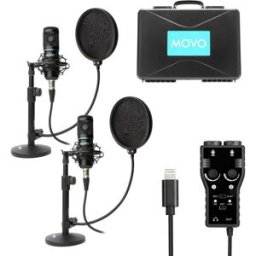 Movo Smartphone Podcast Recording Microphone Kit for iPhone & iPad – 2 Condenser Microphones, 2 Desktop Stands, 2 Pop Filters & 2-Channel XLR Interface with Lightning Output, New