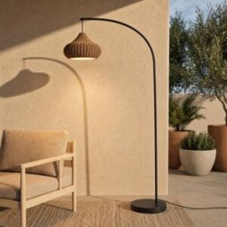 Lucande Taniola outdoor floor lamp, beige, rattan, 195 cm, IP44, Light wood, Wood, Country House / Rustic