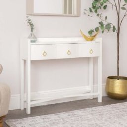 White Painted Curved 3 Drawer Console Table with Glass Top - Austin White Range Material: Furniture/Furniture Ranges/Austin Range