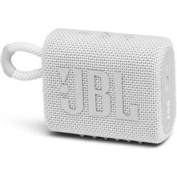 JBL GO 3 - Wireless Bluetooth portable speaker with integrated loop for travel with USB C charging cable - White, New