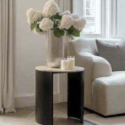 Macie Black Curved Side Table with Marble Top
