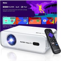 Aurzen Roku TV Smart Projector for Bedroom, Roku Streaming Experience Built-in, 1080P FHD, Dolby Audio, Auto Focus & Keystone, Zoom, Portable Mini Projector for Outdoor Movie, White