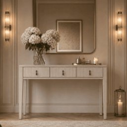 Lettos Whitewash Wooden Ribbed Front Console Table / Dressing Table