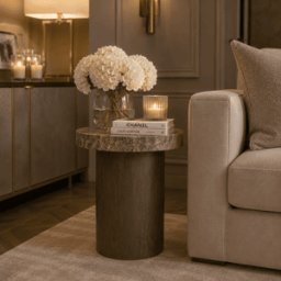 Henman Walnut Round Side Table with Dark Marble Top