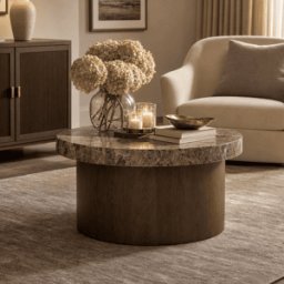 Henman Walnut Round Coffee Table with Dark Marble Top