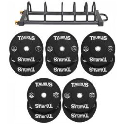 Taurus Black Olympic Rubber Bumper Weight Plates 150kg Set with Toast Rack