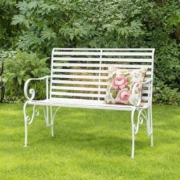 White Metal Ornate Distressed Garden Bench with Slats - 100cm x 92cm Material: Garden