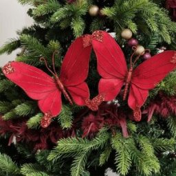 Set of 2 Deep Red Glitter Velvet Butterfly Tree Decorations - 22cm Material: Christmas