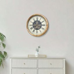 Black, White & Gold Cog Detailed Clock with Natural Wooden Frame - 50cm x 50cm Material: Home Decor & Accessories/Clocks