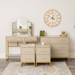 3 Drawer Chest of Drawers, Dressing Table Set & Pair of Two Drawer Bedside Tables - Liana Taupe Range Material: New Products