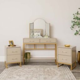 Two Drawer Dressing Table Set & Pair of Two Drawer Bedside Tables - Liana Taupe Range Material: New Products
