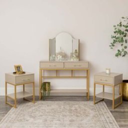 Two Drawer Dressing Table Set & Pair of One Drawer Bedside Tables - Liana Taupe Range Material: New Products