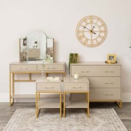 3 Drawer Chest of Drawers, Dressing Table Set & Pair of One Drawer Bedside Tables - Liana Taupe Range Material: New Products