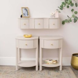 3 Drawer Reeded Wall Mounted Floating Dressing Table & Pair of Bedside Tables - Willow Taupe-Grey Range Material: Furniture/Furniture Ranges/Willow Range/Willow Taupe-Grey Range