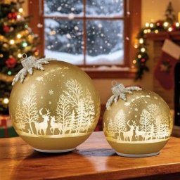 Rotating Glass LED Christmas Ornament Set of 2 Winter Scene Timer Gold Silver - Gold